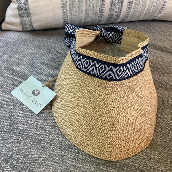 Sea & Grass Wicker Straw Embroidered Trim Sun Visor Beach Hat NWT - Picture 3 of 5